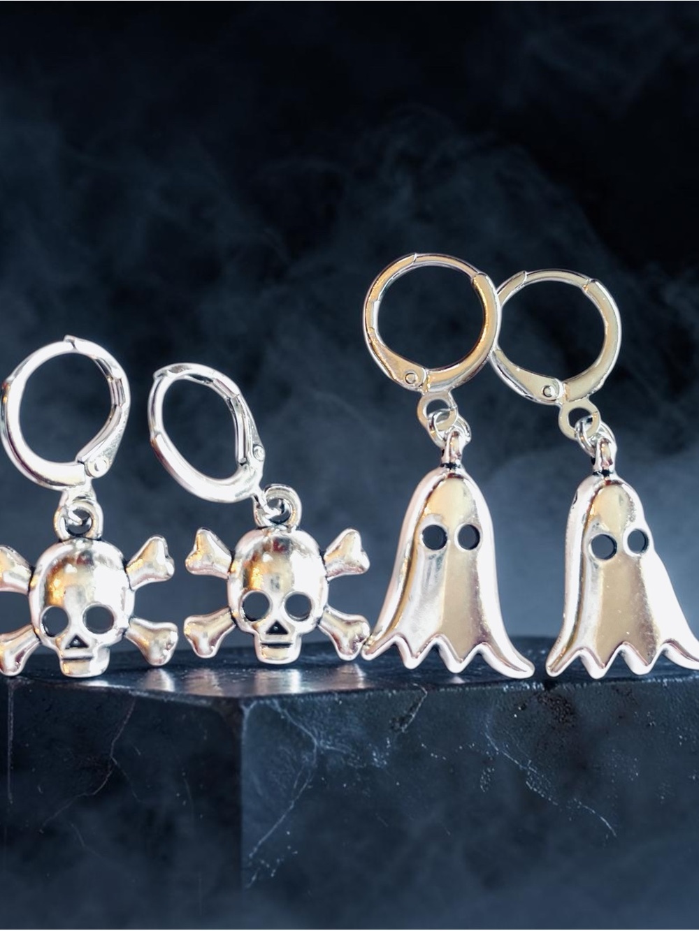 Halloween Skull & Crossbones and Ghost Earrings Set Stainless Steel Hoops
